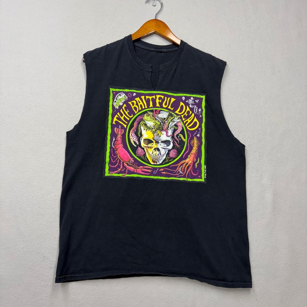 Ray Troll Muscle Tee Mens L Black The Baitful Dead Fishing Parody Y2K Graphic